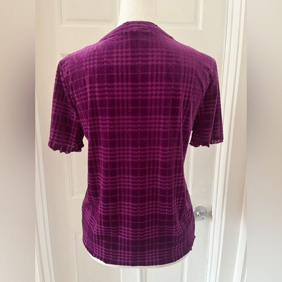 Nine West Purple Plaid Velvet Lettuce Hem Short Sleeve Blouse Small Burnout - Picture 4 of 11